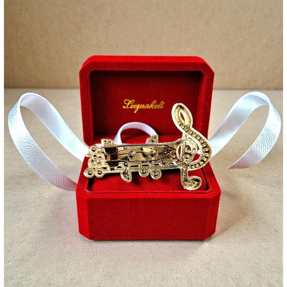 Gold Tone Musical Note Treble Clef Rhinestone Brooch Pin Music Gift with Box - Picture 4 of 4